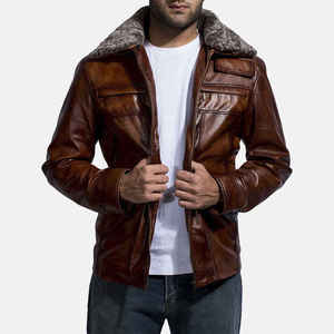 Blouson bomber en cuir véritable marron pour homme, doublé en sherpa, fermeture éclair, vêtement d'extérieur d'hiver, décontracté - Product Image 4