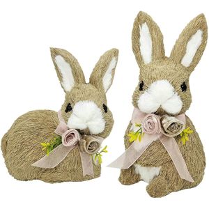 Set di 2 Coniglietti Pasquali in Sisal da 10 Pollici con Fiocco Floreale, Animali Decorativi per Casa, Decorazioni Primaverili - Product Image 1