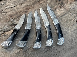 Cuchillo Plegable de Damasco Hecho a Mano, Cuchillo de Bolsillo con Mango de Cuerno de Acero, Multifuncional, Industrial, OEM, DIY, Funda de Cuero, EDC para Exteriores - Product Image 6