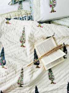 Beautiful Hand-block Printed Cypress Tree Cotton Jaipuri Razai / <b>Quilt</b> Set Reversible Botanical <b>Bedding</b> Set With Pillow Covers - Product Image 2