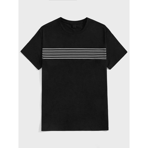 T-shirt à manches courtes noir pour homme avec motif rayé blanc, col rond, vêtement décontracté, coupe régulière, jersey en coton tricoté - Product Image 3