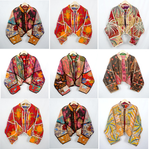 Veste unisexe en coton matelassé à manches longues, style bohème, imprimé Kantha vintage, tricotée à la main, écologique, col en V, été - Product Image 1
