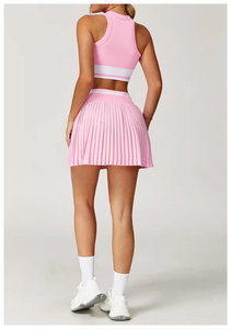 Women White Striped Tennis Crop Top And Pleated <b>Skirt</b> Set Breathable Spandex Polyester Sportswear Fitted Sleeveless Tank Style - Product Image 3