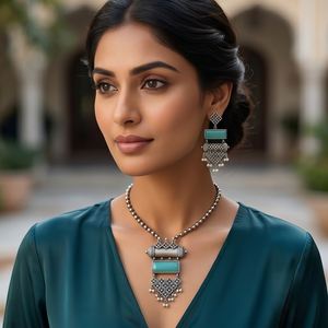DIVYORO TURQUOISE RECTANGLE <b>STATEMENT</b> OXIDIZED SILVER <b>NECKLACE</b> and EARRING SET for WOMEN ADJUSTABLE LENGTH ANNIVERSARY - Product Image 4
