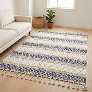 Alfombra Bohemia Tejida a Mano de Algodón con Diseño de Rayas Tribales Azules para Sala de Estar, Dormitorio e Interiores Costeros - Product Image 1