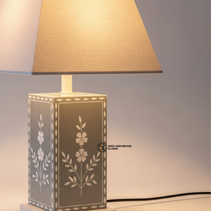 Lampe à incrustations osseuses de couleur neutre |   Lampe de chevet élégante avec abat-jour en tissu - Product Image 5