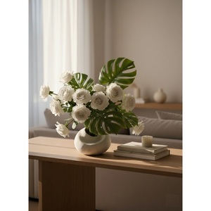 Vase à fleurs moderne en céramique côtelée pour la décoration du salon, centre de table minimaliste vert sauge pour fleurs séchées et herbe de la pampa - Product Image 4