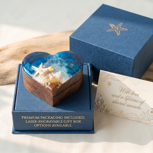 Caja de Joyería de Bambú con Resina Epoxi Pulida en Forma de Corazón, Caja para Anillo de Compromiso con Ola Oceánica 3D, Estilo Marino, para Regalo - Product Image 6