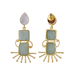 Boucles d'oreilles pendantes Laxmi Jewelers pour femmes, en amazonite et perle d'eau douce, laiton plaqué or 24 carats, design tendance, cadeau religieux hindou - Product Image 5