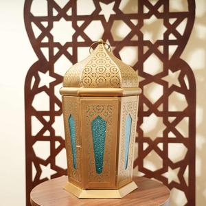 Wholesale Ramadan Home Decorations <b>Gold</b> Metal Moroccan Candle Holder <b>Lantern</b> with Color Glass for Tabletop - Product Image 3
