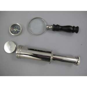 Télescope, boussole et loupe en nickel poli, emballés dans une boîte personnalisée, accessoires cadeaux. - Product Image 2