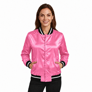 Chaqueta Varsity Rosa de Satén para Mujer, Manga Larga, Cuello Camisero, Ribete en Contraste, Resistente al Viento, Transpirable, 100% Poliéster - Product Image 2