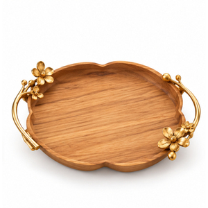Plateau de service rond en bois de qualité supérieure avec poignées dorées en forme de fleur, plateau décoratif artisanal en bois de manguier pour la vaisselle d'hôtel - Product Image 6