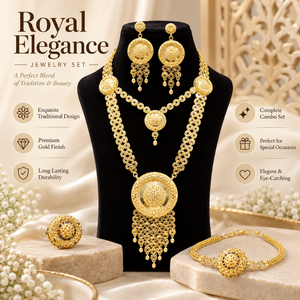 ชุดสร้อยคอยาวพร้อมจี้ทรงกลม |   เครื่องประดับทอง 24K ชุบทองแดงทองเหลืองขัดเงา |   ชุดเครื่องประดับเจ้าสาวแบบดั้งเดิม ต่างหู สร้อยข้อมือ และแหวน - Product Image 6