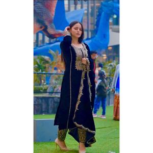 Top y parte inferior de trabajo con bordado de secuencia de terciopelo azul para mujer de diseñador con Dupatta - Product Image 1