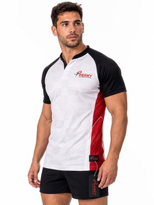 Maillot de rugby pour homme Perky International, manches courtes, ajusté, anti-transpiration, col en V, noir, rouge, blanc, imprimé par sublimation - Product Image 5