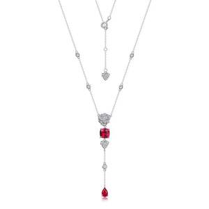 Collier de luxe en or blanc avec rubis et diamants de laboratoire en forme de Y, pierre centrale rouge taille coussin, bijoux en diamant - Product Image 2