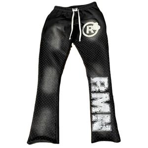 Streetwear personnalisé délavé au soleil patch de broderie en détresse lavage à l'acide pantalon vintage french terry strass pantalon de survêtement évasé hommes - Product Image 1