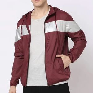 New Trendy <b>Mens</b> Maroon Hooded Windbreaker <b>Jacket</b> <b>Reflective</b> Stripe Lightweight Zip Up Windproof Casual Outdoor Streetwear Coat - Product Image 1
