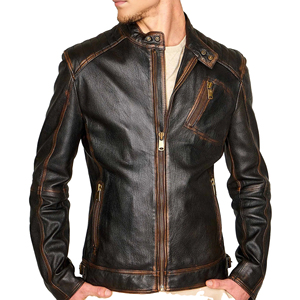 Men's Genuine Leather Moto <b>Jacket</b> Slim Fit Zipper Closure Turn-down Collar Autumn Wear Distressed Biker Style <b>Western</b> <b>Jacket</b> - Product Image 1