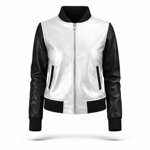 Blouson Bomber en Cuir Véritable Noir et Blanc, Automne Hiver, Logo Imperméable, Manches Contrastantes, Production en Gros OEM ODM Personnalisée - Product Image 1