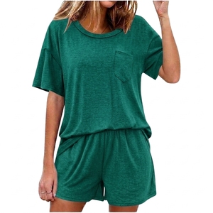 Women's Blue 2 Piece <b>Shorts</b> Set Crew Neck <b>Short</b> Sleeve Loose Fit Casual Solid Color Pocket Knitted Cotton <b>Top</b> <b>and</b> <b>Shorts</b> - Product Image 5