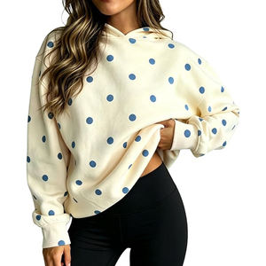 <b>Cream</b> Large Blue Polka Dot Hoodie Matching Rib Cuffs and Hem Roomy Cut Long Sleeves Custom Logo <b>Women's</b> Casual Streetwear Top - Product Image 1