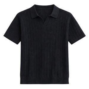 Polo de Punto Acanalado Vertical Negro para Hombre, Manga Corta, 100% Algodón, Corte Ajustado, Transpirable, Informal, para Verano, Venta al Por Mayor OEM - Product Image 1