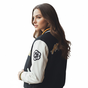 Veste Bomber Rétro Personnalisée SHY OEM en Laine Polaire avec Broderie Jaune, Patchwork et Manches en Cuir Blanc – Manteau d'extérieur - Product Image 6
