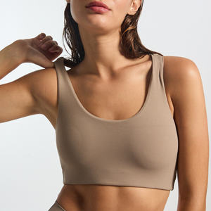 Women's Beige Racerback Sports Bra Medium Support Seamless Solid Yoga Top High Waist Shorts Set - Product Image 6