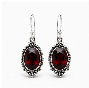 Red Garnet <b>Silver</b> <b>Earrings</b>, Sterling <b>Silver</b> Oval Garnet Dangle <b>Earrings</b>, Vintage Boho Gemstone Jewelry, Statement Gift for Her - Product Image 1