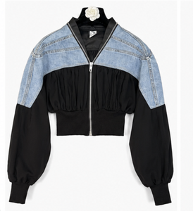 Women's <b>Cropped</b> <b>Denim</b> Patchwork Bomber <b>Jacket</b> Casual Zip Up Color Block Ruched Balloon Sleeve Streetwear Ruched <b>Jacket</b> - Product Image 2