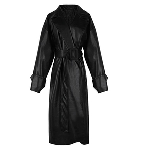 Women's Black PU <b>Leather</b> <b>Long</b> Trench Coat With Belt Turn-down Collar Full Sleeve Autumn Style Minimalist Design - Product Image 2