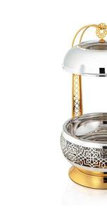 Plat à chafing dish de style arabe plaqué or avec couvercle suspendu et cuillère de service, chauffe-plats rond en acier inoxydable pour banquets de luxe - Product Image 4