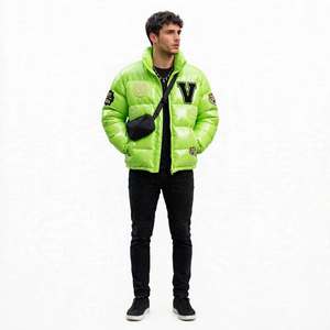 Men's Green Waterproof PU Fabric Puffer <b>Jacket</b> <b>Patch</b> Designs Stand Collar Zipper Closure Thick Warm Winter Casual Slim Fit - Product Image 1