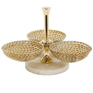 Ensemble de bols de service en métal à trois niveaux dorés avec base en marbre, plat décoratif glamour fait à la main pour servir les aliments lors de fêtes - Product Image 1