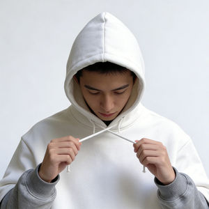 Sweat à capuche oversize blanc pour homme 0EM, manches superposées, poche contrastante, en polaire, épaules tombantes, style streetwear décontracté - Product Image 4