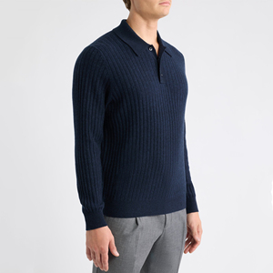 Suéter Polo de Punto Acanalado Azul Marino para Hombre, Manga Larga, Cuello Camisero, Estilo Casual para Otoño - Product Image 3