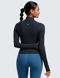 Vêtements de sport pour femmes, noirs, à demi-zip, manches longues, couleur unie, respirants, en polyester et élasthanne, coupe ajustée, col montant, avec poches - Product Image 2
