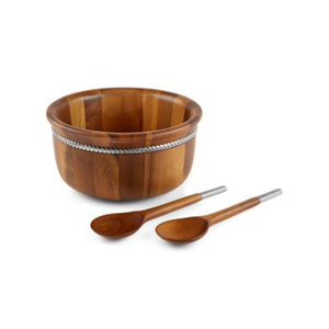 Ensemble de bols à salade en bois d'acacia de haute qualité avec détails tressés complexes, ustensiles de cuisine essentiels pour les dîners en famille - Product Image 1