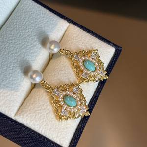 Pendientes Colgantes de Estilo Chino Retro al por Mayor, Perla Natural de Agua Dulce y Turquesa con Diamantes para Venta al por Menor y al por Mayor - Product Image 5