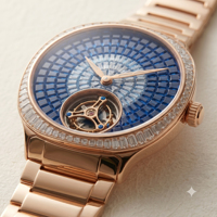 Montre H. Moser & Cie. Streamliner Tourbillon avec lunette sertie de diamants, cadran bleu carré en cristal, affichage analogique antique, fermoir déployant