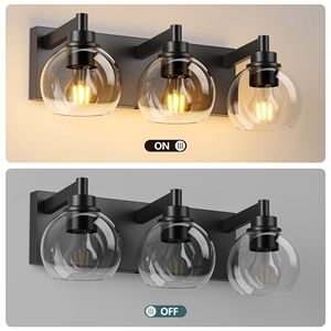 Lampada da Bagno Moderna a 3 Luci con Paralume in Vetro Trasparente e Base in Metallo Nero Opaco per Installazione Sopra lo Specchio - Product Image 4