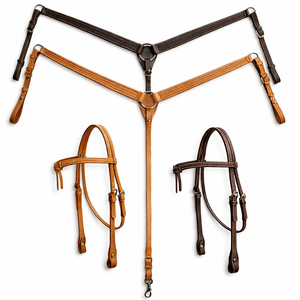 ชุดอุปกรณ์ขี่ม้าแบบตะวันตก ทำจากหนังถักลายตะกร้า  ประกอบด้วยบังเหียนและสายรัดอก  ตกแต่งด้วยลายสลักมือ  ทนทาน เหมาะสำหรับการขี่ม้า - Product Image 1