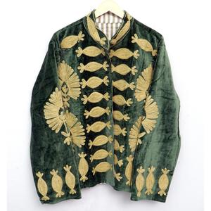 Vintage Green Velvet Embroidered Eco-Friendly <b>Reversible</b> Unisex <b>Coat</b> Mandarin Collar Three Quarter Sleeve All Seasons Outerwear - Product Image 1