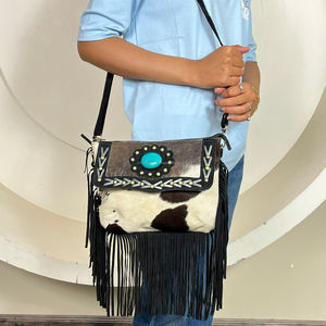 Bolso de Hombro de Cuero con Flecos y Pelo de Vaca Estilo Occidental para Mujer, de Alta Calidad, con Piedra Turquesa, Nuevo Diseño con Logotipo Estampado, 2026 - Product Image 4