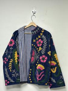 Handmade Dark Blue <b>Velvet</b> Suzani Embroidered <b>Jacket</b> with Floral Pattern Full Sleeve Stand Collar Bohemian <b>Women's</b> Winter Coat - Product Image 3