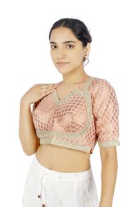 Blusa Rosa Tejida Lavable Bordada para Mujer, Cuello en V, Manga Corta, Top Corto para Lehenga Saree - Product Image 1