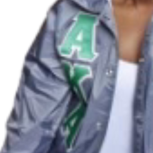 Chaqueta Bomber Plateada AKA con Letras de Chenilla Verdes Bordadas, Ropa Exterior de Moda para Mujeres de Sororidades - Product Image 6
