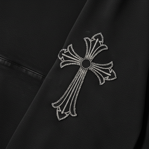 Custom Embroidered Cross Pattern Black Full Zip Cotton Streetwear Hoodies <b>for</b> <b>Men</b> Custom Logo Bulk Apparel Manufacturing - Product Image 2